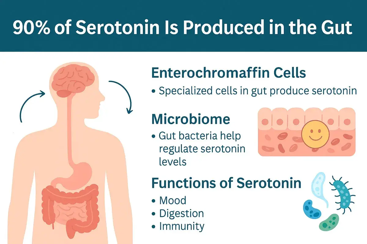 Grafika pokazuje, że 90% serotoniny powstaje w jelitach. Komórki jelitowe i mikrobiom wpływają na jej produkcję, a serotonina reguluje nastrój, trawienie i odporność.